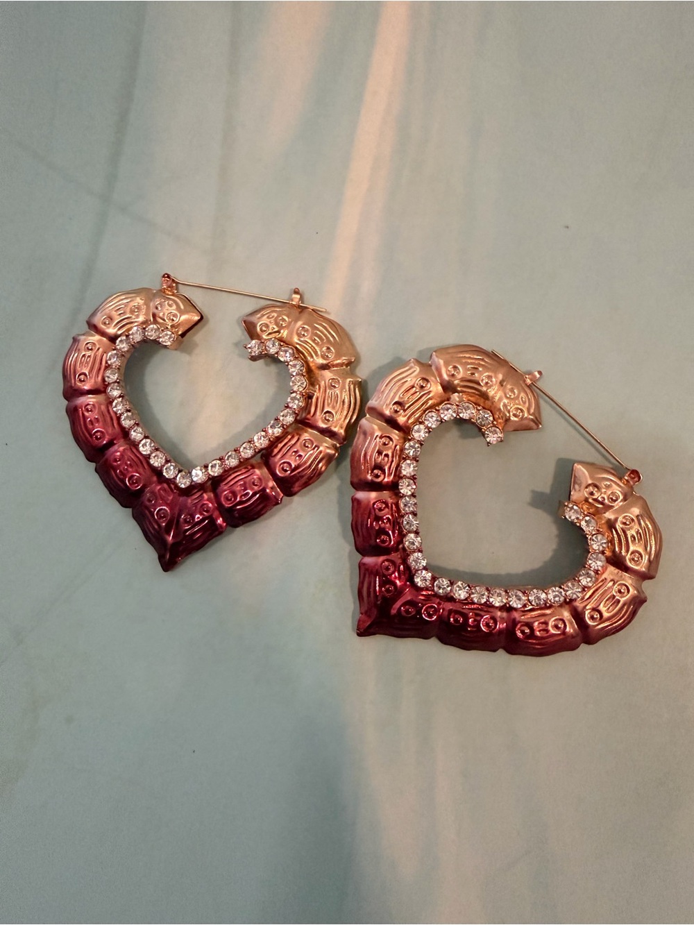 Heart-Shaped Gradient Hoop Earrings with Crystals - Pink Gold